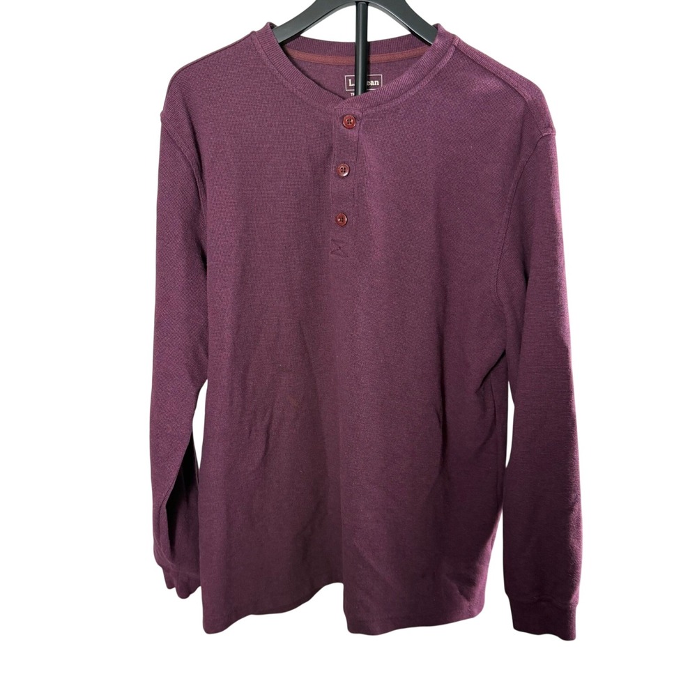 LL Bean Mens Waffle Knit Henley Shirt Burgundy Purple Long Sleeve Thermal Large